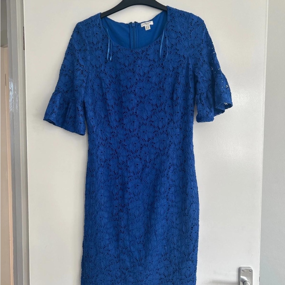 Blue Sheath Dress with Flutter Sleeves and Crew Neck